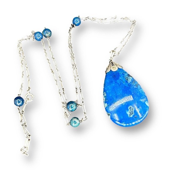 Lapis Lazuli Large Pendant Sterling Silver Beaded Chain Necklace 31” - Picture 1 of 6